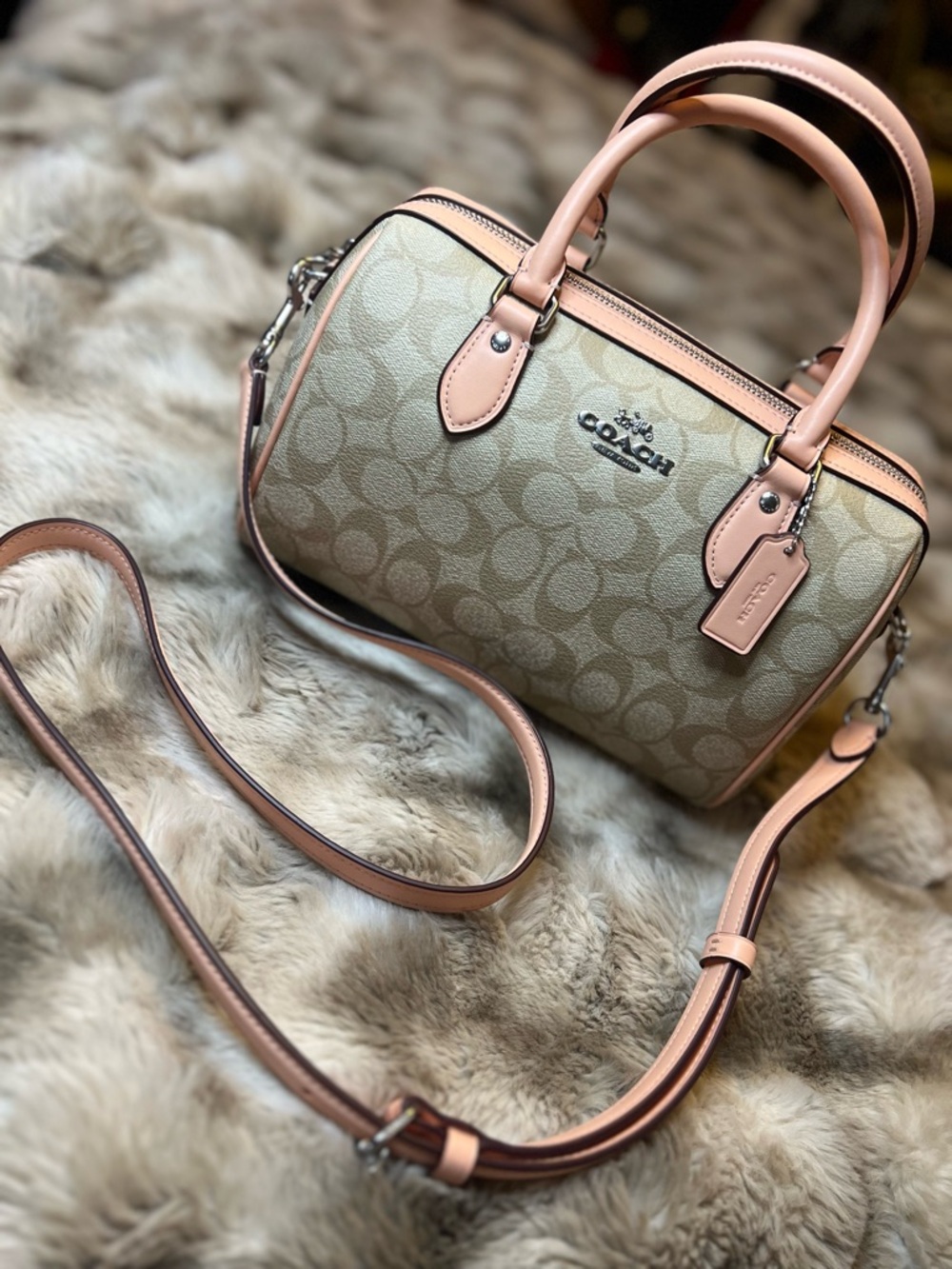 NWOT Med COACH Rowan Satchel in Sig Canvas Light Khaki Faded Blush - Retail $398
